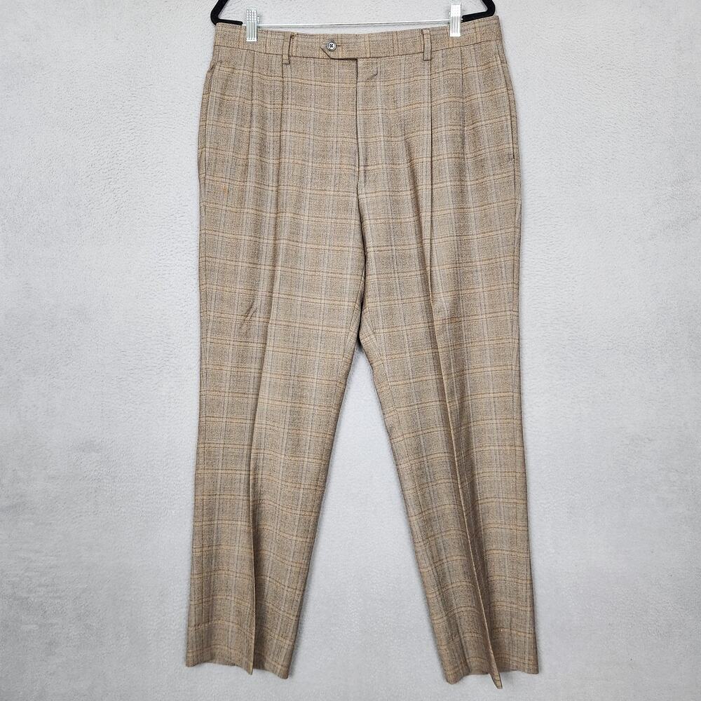 Jos A Bank Pants Mens 36x30 Brown Wool Plaid Tweed Pleated Classic Fit Dress
